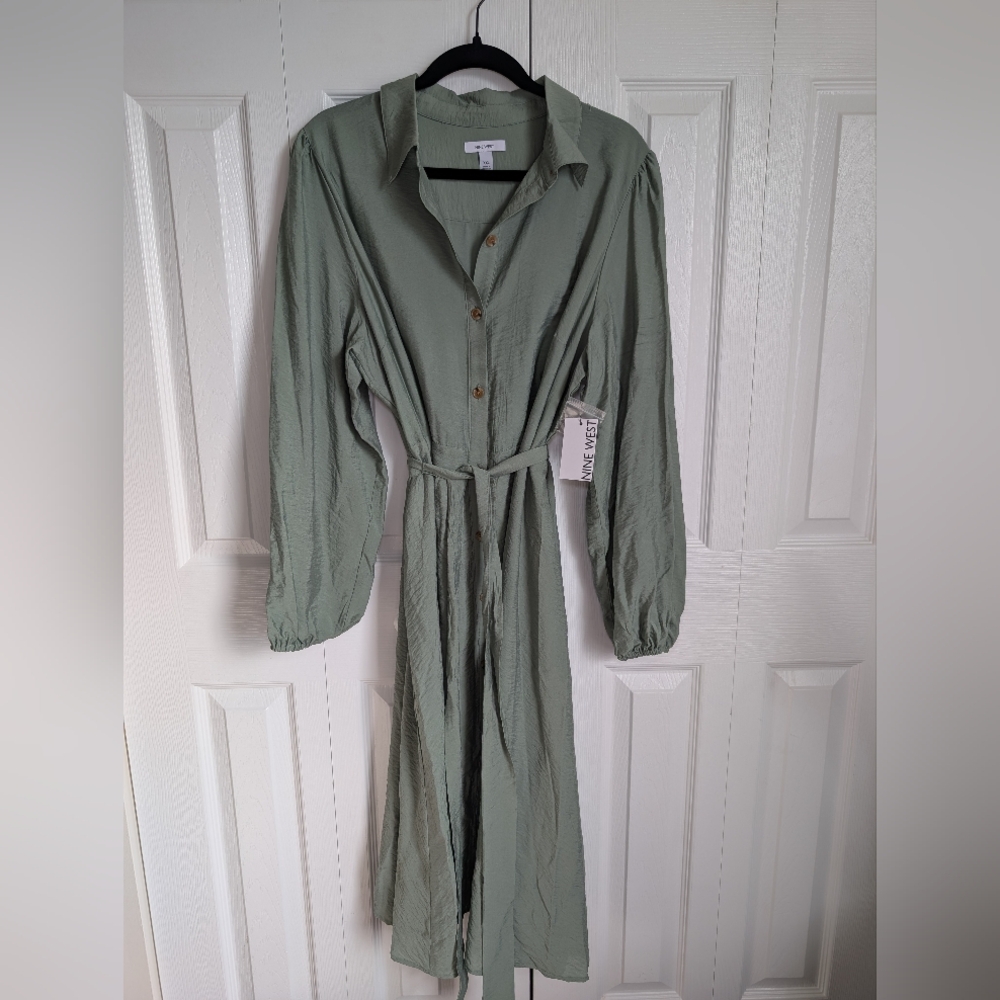 NWT Nine West Sage Green Belted Button-Up Dress Size XXL